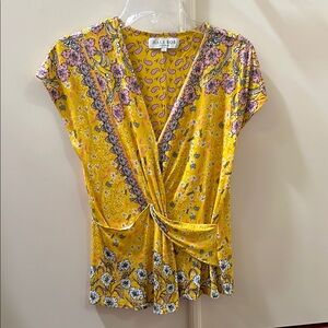 Hale Bob Yellow Wrap Blouse with Cap Sleeves and Tie Front